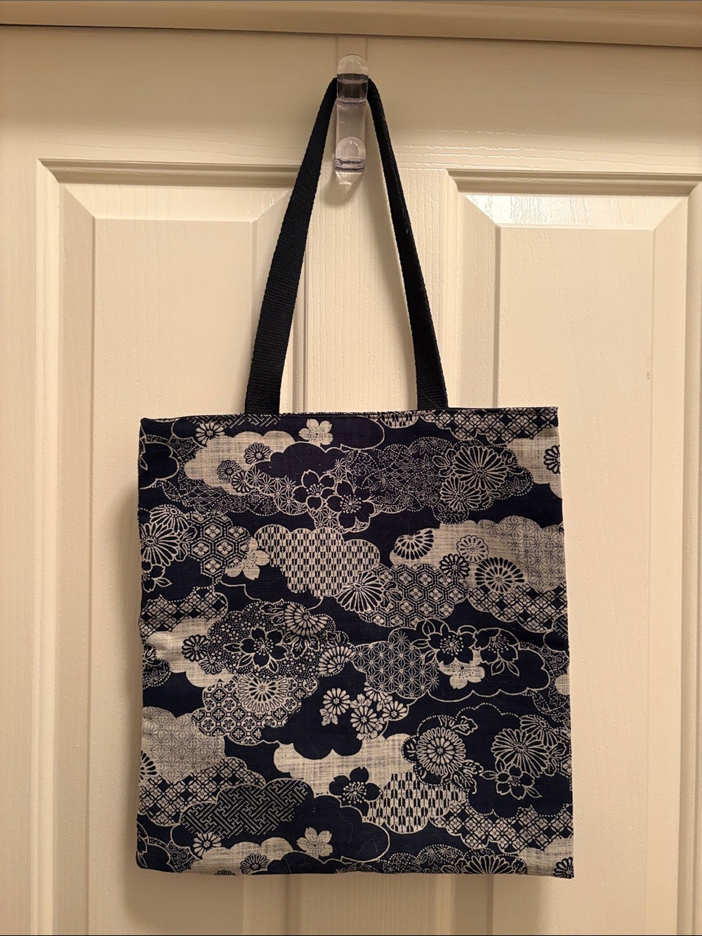 Navy Floral Japanese Pattern Canvas Tote Bag